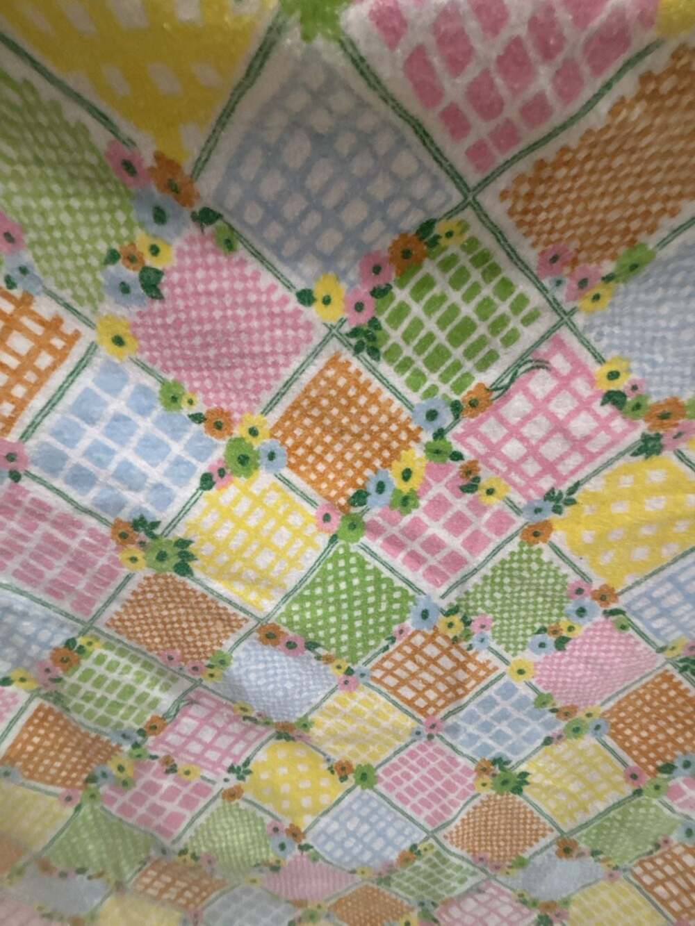 Vintage 70s Cannon Acrylic Blanket with Floral Patchwork and Yellow Satin Trim